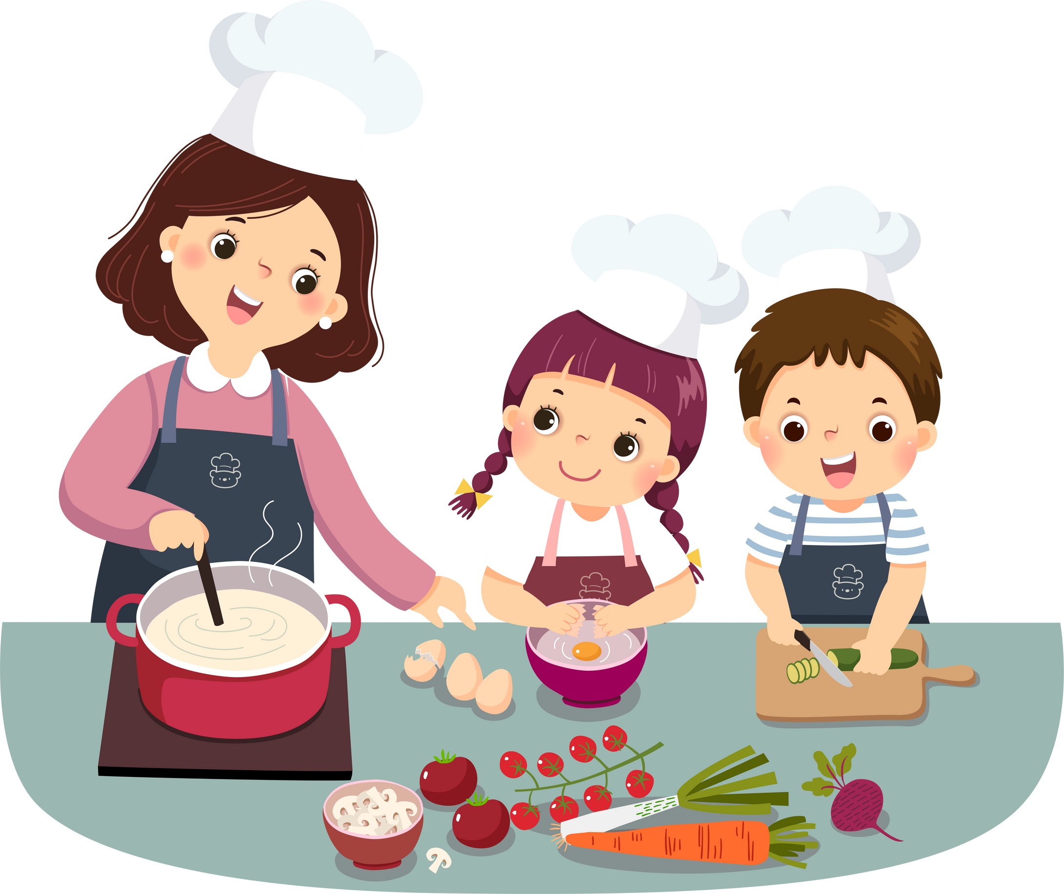 Cartoon mother and children cooking at kitchen counter