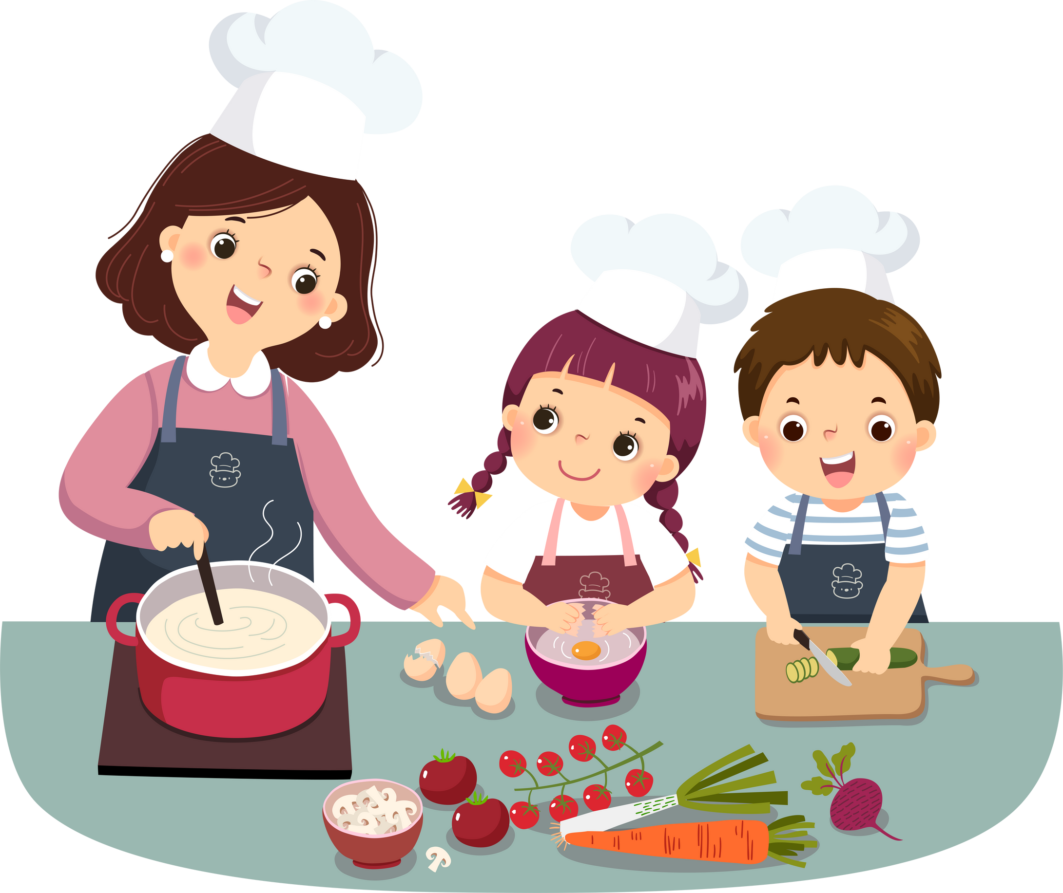 Cartoon mother and children cooking at kitchen counter